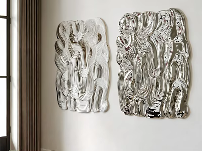 Modern Metallic Wall Decor with Wavy Reflective Surfaces Mounted on White Wall 3d model