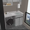 Modern Bathroom Cabinet with Marble Countertop Sink Faucet Washing Machine Shelf and Window City View