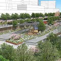 Waterfront Landscape Design With Walkway Cherry Blossom Trees And Seating Area