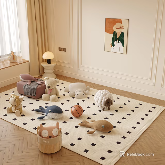 Kids Room Play Area With Owl Whale Sheep Bear Plush Toys Basketball On Checkered Rug 3d model 