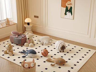 Kids Room Play Area With Owl Whale Sheep Bear Plush Toys Basketball On Checkered Rug 3d model