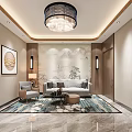Modern Bedroom Interior With Circular Bird Decor Bed Wall Paintings Area Rug And Ceiling Lights