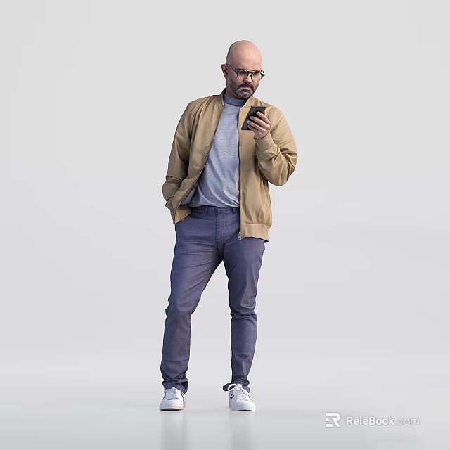 Man In Beige Jacket Light Gray Shirt Blue Pants Holding Smartphone 3d model 