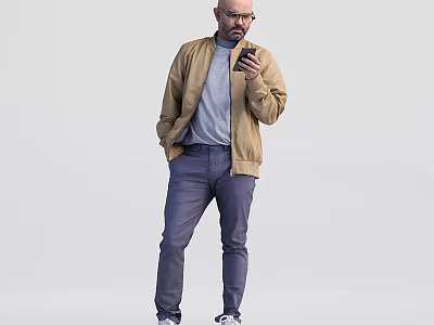 Man In Beige Jacket Light Gray Shirt Blue Pants Holding Smartphone 3d model