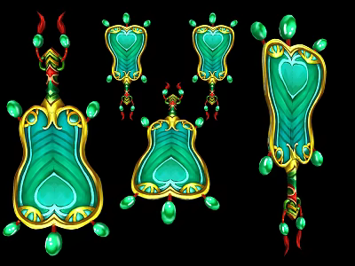 Ornate Green Gold Decorative Items With Gemstone Accents And Mirror Shaped Pendants 3d model