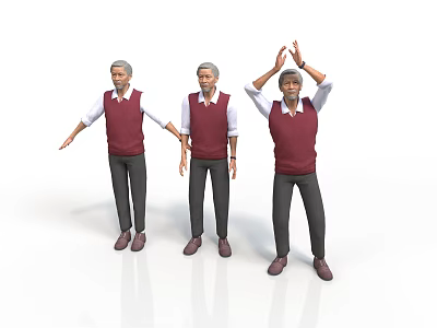 Three Elderly Men In Red Vests White Shirts Dark Pants Brown Shoes Performing Different Movements 3d model