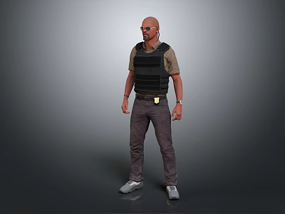 Bald Man Wearing Sunglasses Tactical Vest Khaki Shirt And Dark Pants Standing In Gray Sneakers 3d model