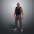 Bald Man Wearing Sunglasses Tactical Vest Khaki Shirt And Dark Pants Standing In Gray Sneakers