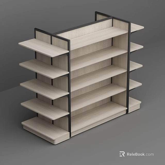 Multi Tiered Wooden Display Shelf With Black Frame And Open Storage Structure 3d model