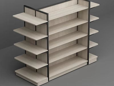 Multi Tiered Wooden Display Shelf With Black Frame And Open Storage Structure 3d model