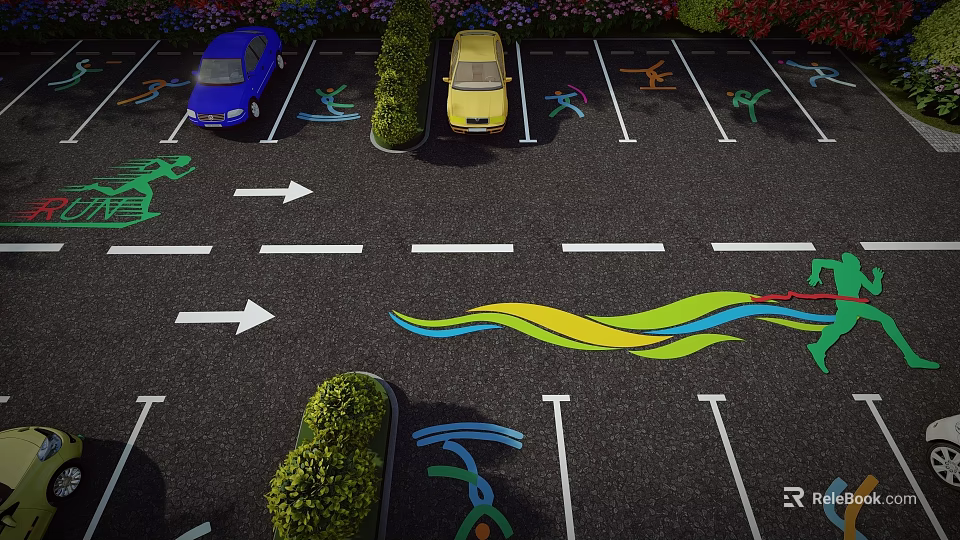 Eco Friendly Parking Lot with Cars Green Shrubs Colorful Ground Designs and Direction Arrows 3d model 