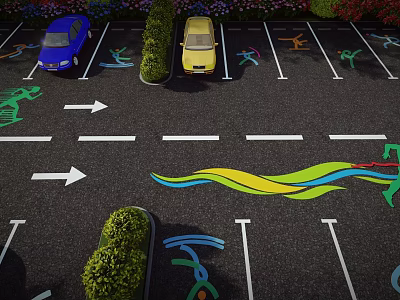 Eco Friendly Parking Lot with Cars Green Shrubs Colorful Ground Designs and Direction Arrows 3d model