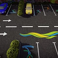 Eco Friendly Parking Lot with Cars Green Shrubs Colorful Ground Designs and Direction Arrows