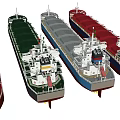 Different Colored Cargo Ship Models with Red Green Blue Hulls Displayed Side by Side