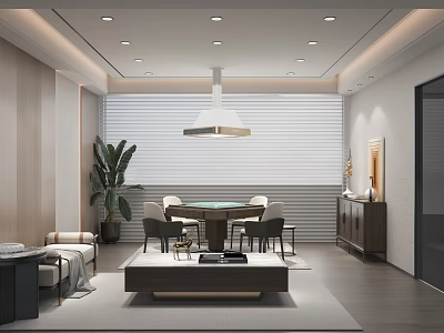 Modern Hotel Mahjong Room Interior With Mahjong Table Comfortable Chairs And Pendant Light 3d model