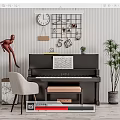 Musical Instruments And Art Supplies Display With Black Piano Music Sheet Wall Grid And Decor