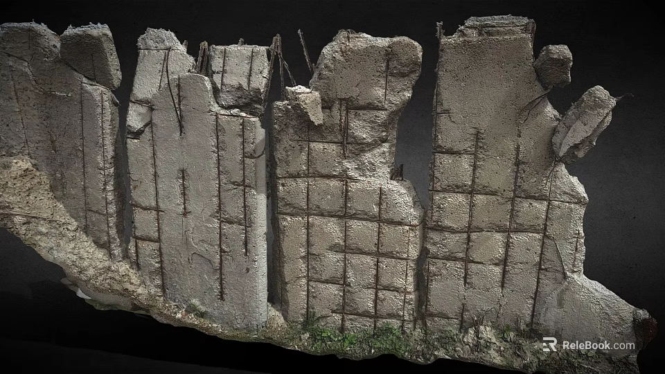 Broken Concrete Wall With Exposed Steel Bars And Grid Structure And Greenery At Base 3d model 
