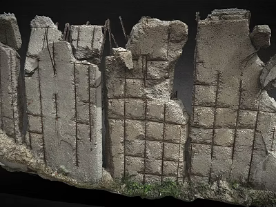 Broken Concrete Wall With Exposed Steel Bars And Grid Structure And Greenery At Base 3d model