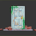 Pixel Style Blue Door With Green Vines And Orange Weathered Marks On Red Brick Base
