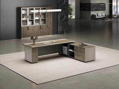 Modern Office Desk With Wooden Top Metal Frame Storage Cabinet Area Rug And Desk Lamp 3d model