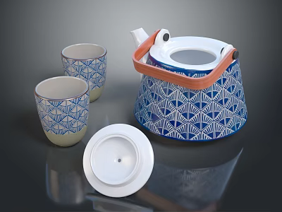 Elegant Blue And White Geometric Pattern Teapot With Orange Handle And Two Cups 3d model