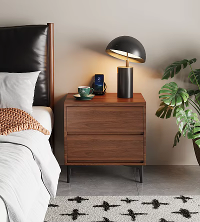 Wooden Nightstand With Two Drawers Black Lamp Green Cup Beside Bed And Large Leafy Plant 3d model