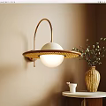 Modern Wall Lamp with White Shade Gold Arc Brown Ring by Beige Wall Vase Plant 3d model