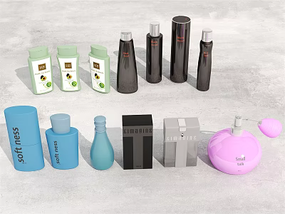 Colorful Bathroom Accessories With Various Design Skincare Bottles In Green Black Blue Pink 3d model
