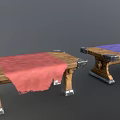 Wooden Benches With Metal Legs And Colored Cloths In Various Colors Arranged Neatly