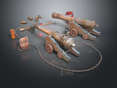 Antique Decorative Iron Cannons With Wooden Barrel Metal Chain And Wheels 3d model