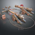 Antique Decorative Iron Cannons With Wooden Barrel Metal Chain And Wheels
