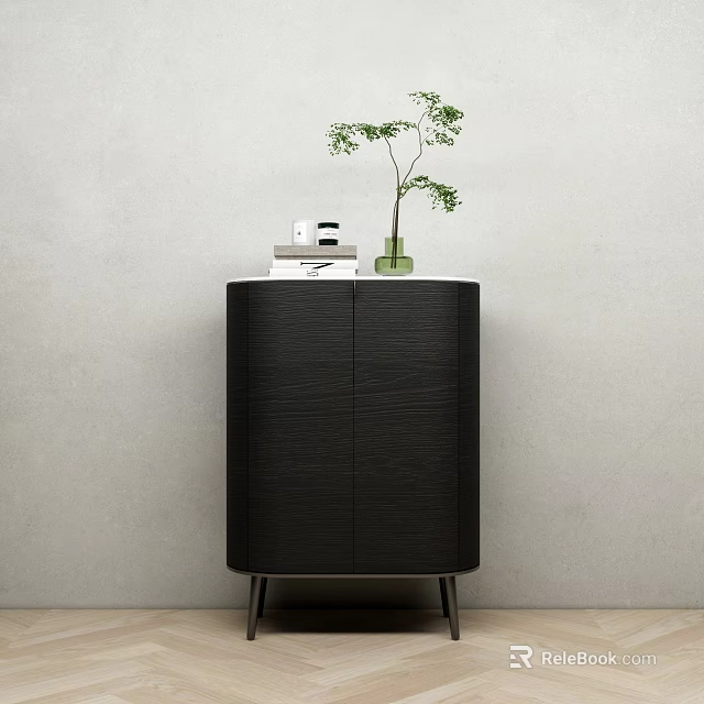 Black Modern Sideboard With Wooden Cabinet Metal Legs And Top Decorative Books Green Vase Plant 3d model 