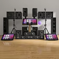 Professional Audio Sound System With Multiple Speakers Mic Stands And Control Panels On Wooden Floor