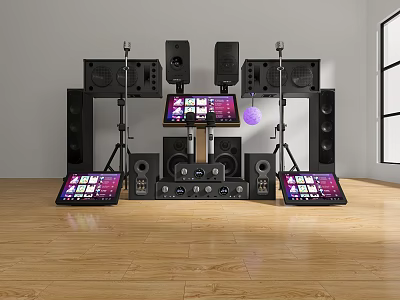 Professional Audio Sound System With Multiple Speakers Mic Stands And Control Panels On Wooden Floor 3d model