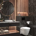 Stylish Luxury Bathroom Interior With Round Vanity Mirror Dark Marble Walls And Warm Wood Decor