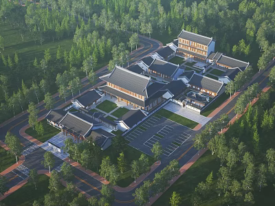 Aerial View of Traditional Chinese Ancient Architecture Complex With Courtyard Layout And Lush Green Trees 3d model