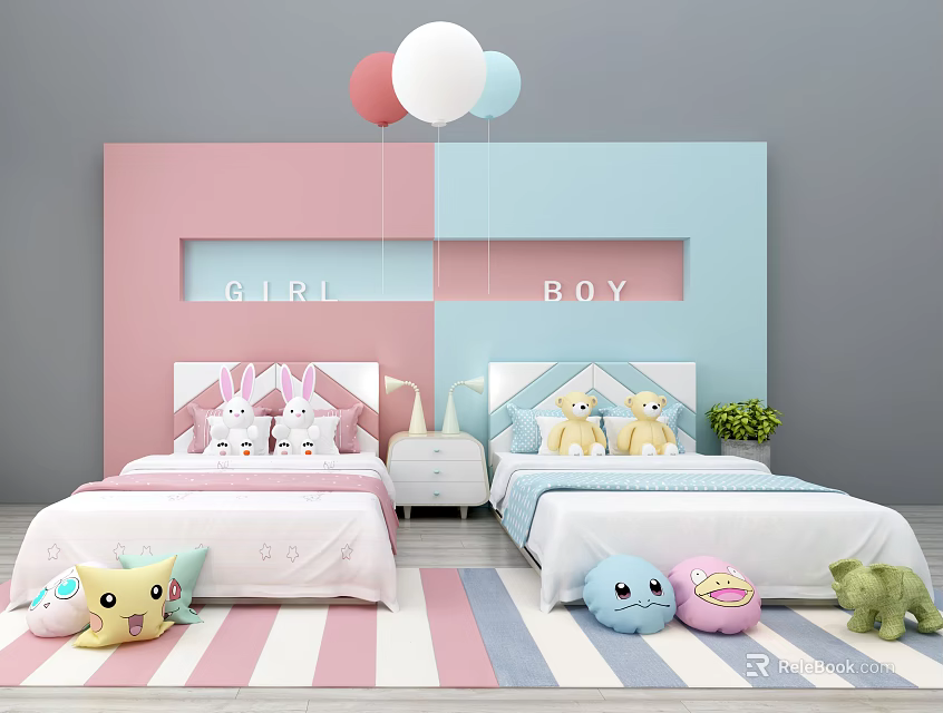 Kids Bed in Pink Blue Room with GIRL BOY Letters Stuffed Toys and Colorful Rug 3d model 