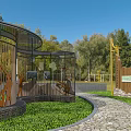 Park Landscape With Pink Flowering Trees Green Grass Stone Pathway And Wooden Pavilions