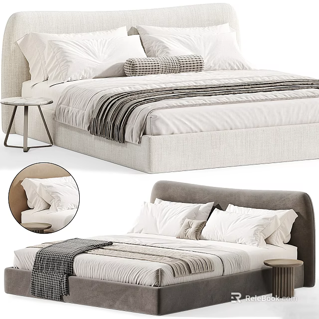 Modern Double Bed Upholstered Headboard with Neutral Bedding Striped Blanket Decorative Pillows and Side Table 3d model 