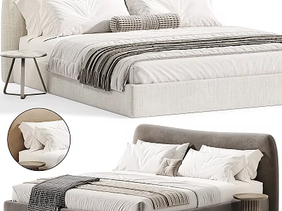 Modern Double Bed Upholstered Headboard with Neutral Bedding Striped Blanket Decorative Pillows and Side Table 3d model