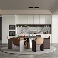 Modern Restaurant Interior Featuring Open Layout White Cabinets Marble Countertop And Round Dining Table