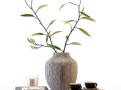 Stylish Decorative Ornament Set with Striped Vase Green Leaf Branches Cups and Candle 3d model