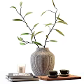 Stylish Decorative Ornament Set with Striped Vase Green Leaf Branches Cups and Candle