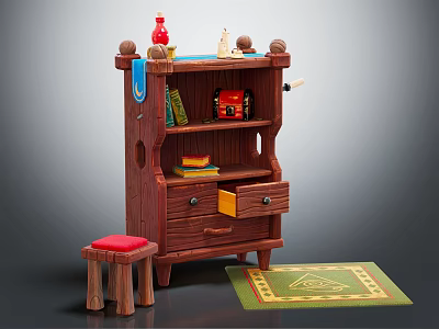 Vintage Wooden Bookshelf With Shelves Drawers Red Bottle Books Small Stool And Green Rug 3d model