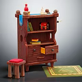 Vintage Wooden Bookshelf With Shelves Drawers Red Bottle Books Small Stool And Green Rug