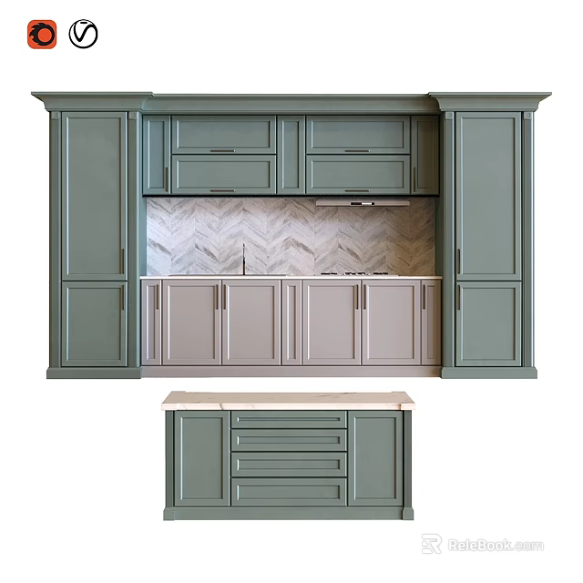 Modern Green Kitchen Cabinets With Upper Lower Units Countertop And Herringbone Tile Backsplash 3d model