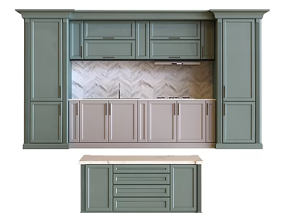 Modern Green Kitchen Cabinets With Upper Lower Units Countertop And Herringbone Tile Backsplash 3d model