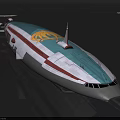 Futuristic Spaceship With Blue White Red Exterior Golden Emblem Streamlined Design And Cockpit Windows