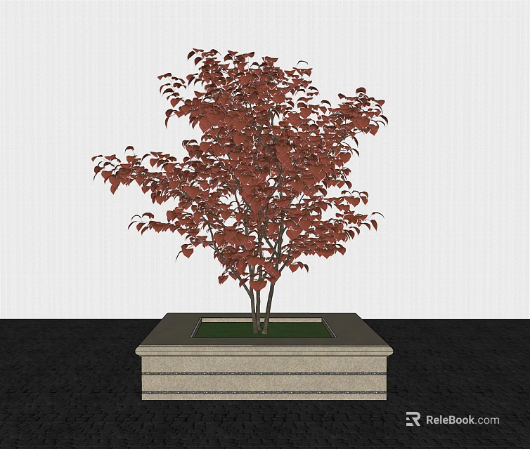 Square Stone Tree Planter with Red Leaf Tree and Black Ground 3d model