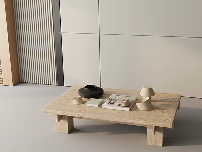 Minimalist Coffee Table In Neutral Tones With Black Bowl Books And Decorative Lamps 3d model